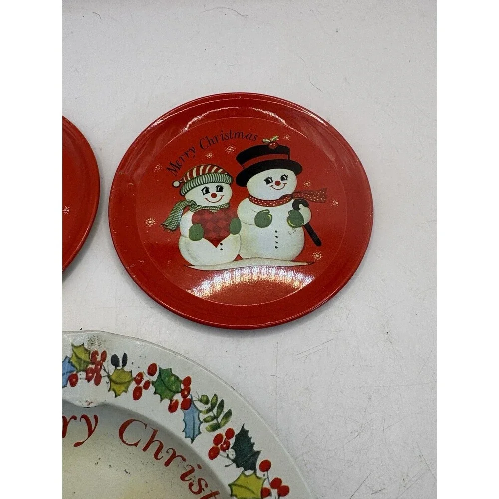Vintage Set Of 2 Coasters And Ashtray Christmas Made In Hong Kong Snowmen Santa
